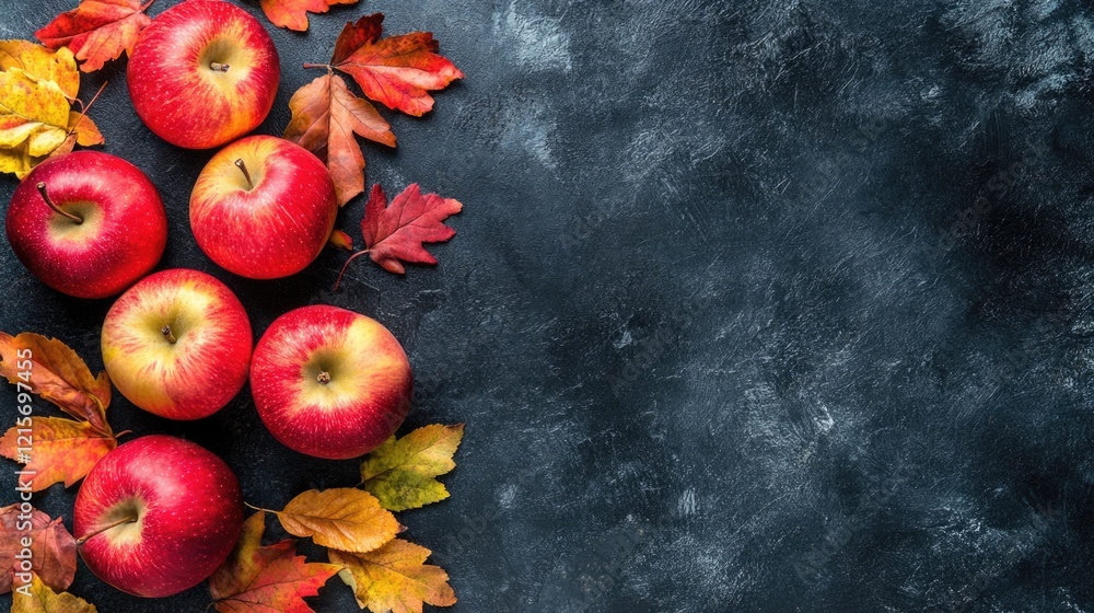 Poster red apples arranged with autumn leaves on a dark textured background with copy space for text placem