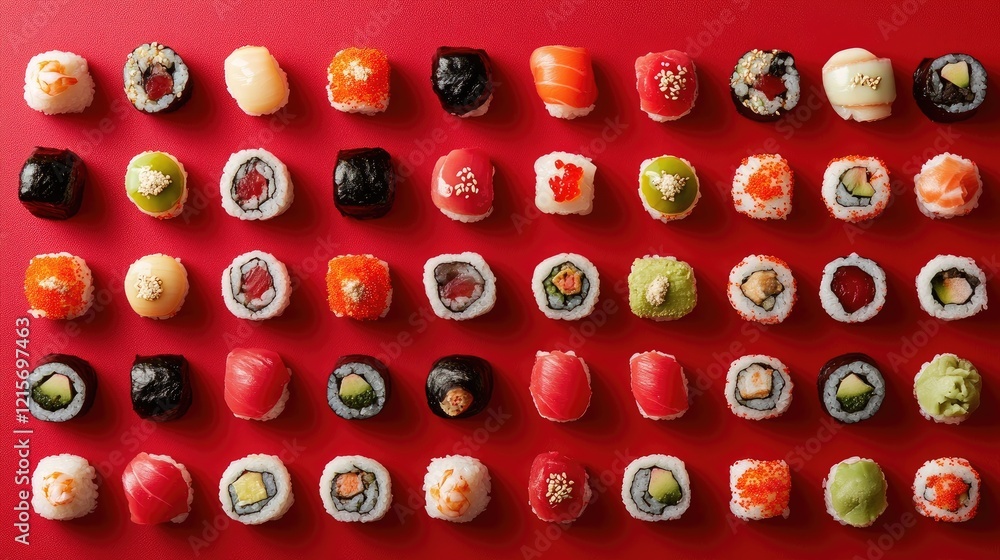 Poster colorful assortment of sushi rolls arranged neatly on a red background with ample copy space for tex