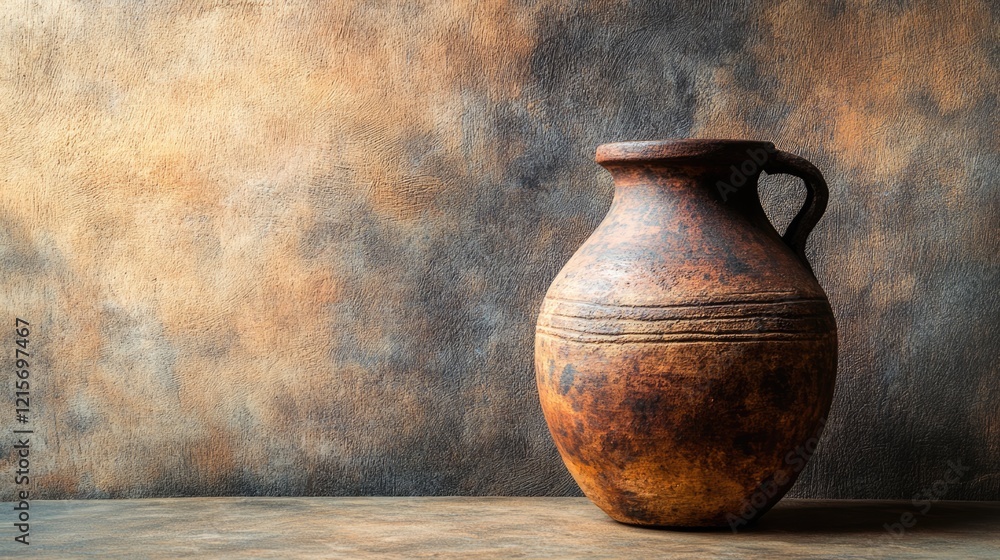 Poster antique pottery jug on textured background with copy space for text placement