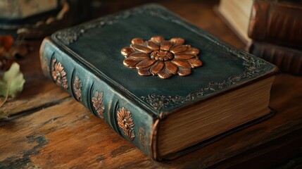 Antique leather-bound book with floral embossing resting on wooden table surrounded by autumn leaves and vintage books Copy Space