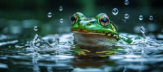 Obraz premium Green frog in water, splashing, nature background, wildlife
