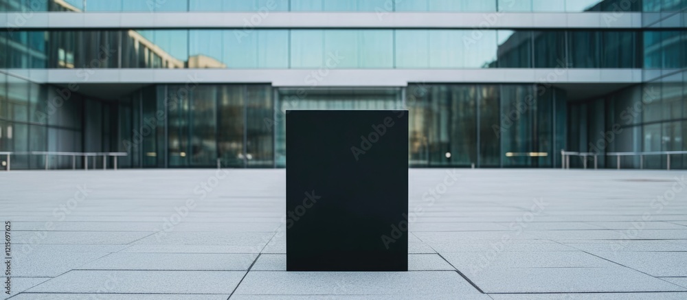 Poster modern minimalist architecture featuring a black cube sculpture in an urban setting with reflective 