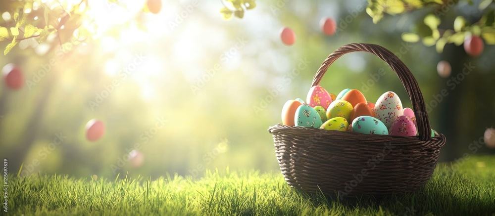 Poster colorful easter eggs in a wicker basket on grass with sunlight filtering through trees copy space