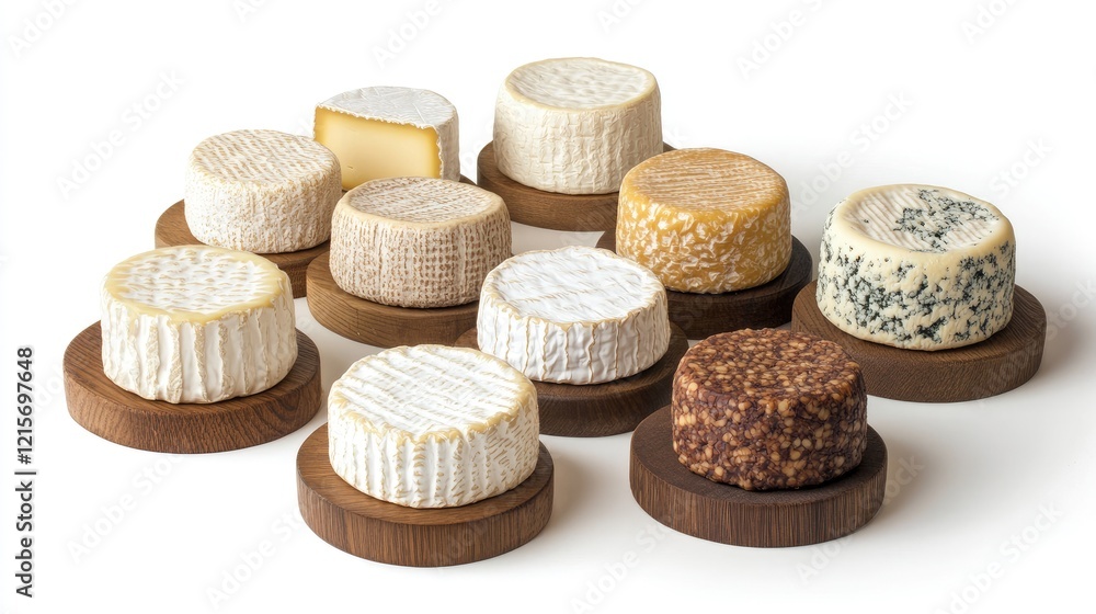 Poster assorted varieties of artisan cheese displayed on circular wooden boards with copy space for text.