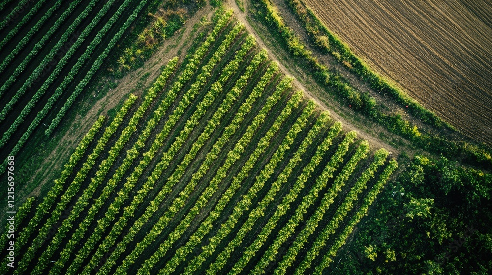 Aufkleber aerial view of lush green vineyard rows intersecting with plowed farmland creating geometric pattern