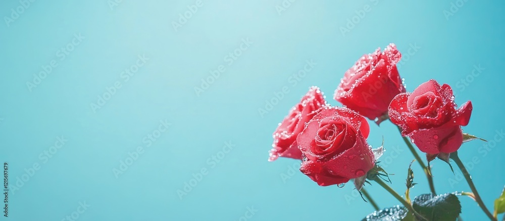 Poster red roses with droplets on petals against a turquoise background with copy space for text placement.