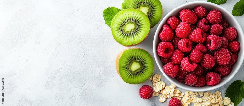 Poster fresh raspberries and kiwi slices with oats on a gray background, featuring ample copy space for tex