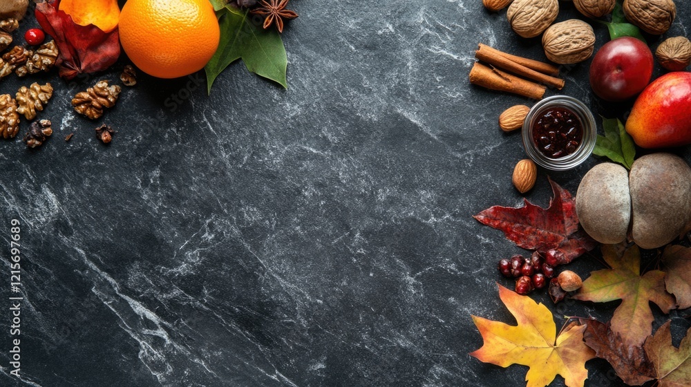 Poster colorful autumn leaves and various nuts fruits spices scattered on dark textured surface with copy s