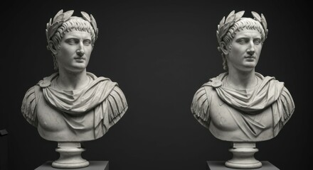 Obraz premium Classical Roman bust, marble sculpture, imperial portrait, draped toga, curly hair, laurel wreath, noble expression, side-by-side comparison, museum exhibit, ancient artifact, historical artwork, mono