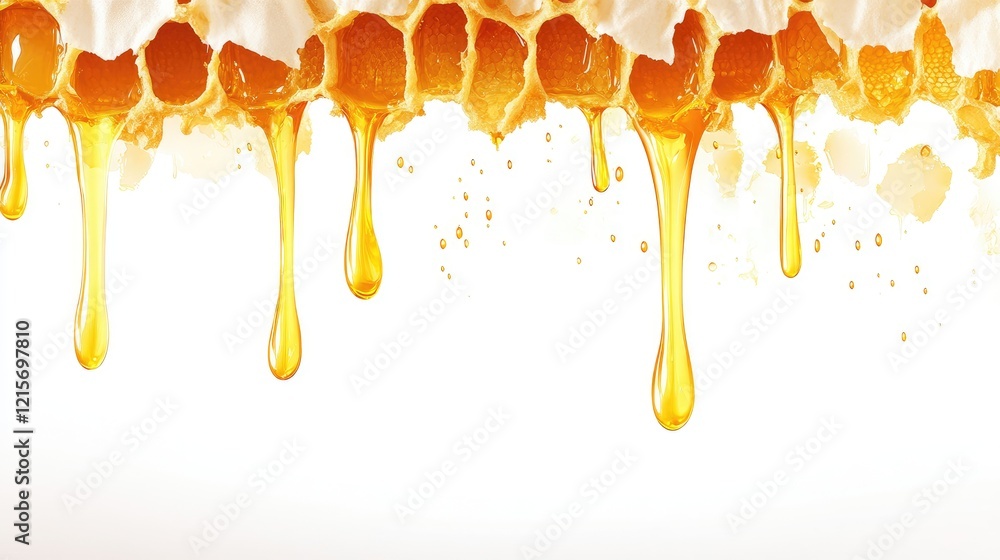 Poster honey dripping from honeycomb with a clean white background and ample copy space for text ñ€ð°ð·ð¼ðµ