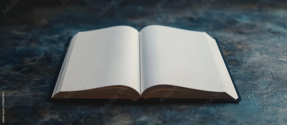 Poster open blank book on textured blue background with copy space for text insertion