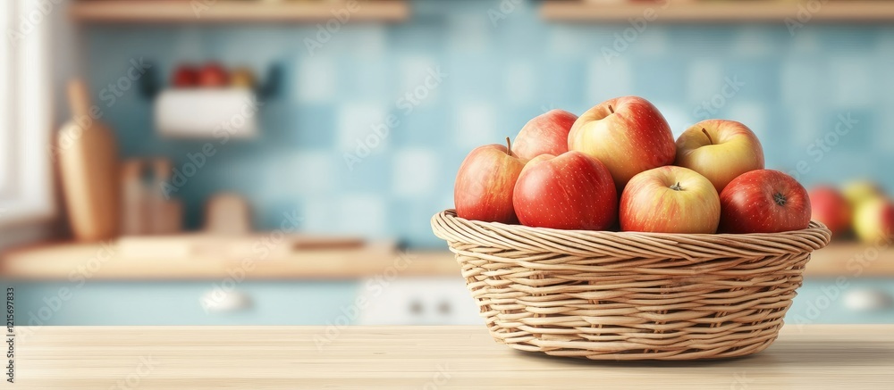 Poster fresh red apples in a wicker basket on a kitchen counter with blue tiled background and copy space f