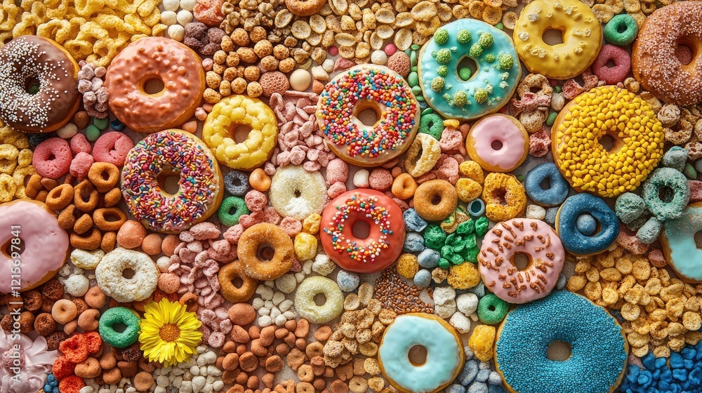 Poster colorful assortment of donuts and snacks arranged on a flat surface with copy space for text placeme