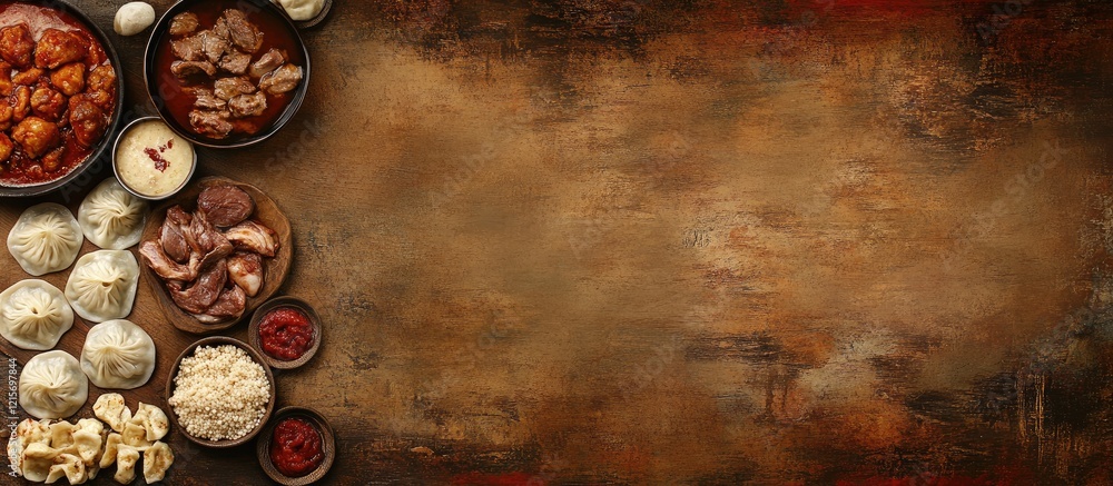 Poster rustic wooden background with assorted bowls of spices and raw meats showcasing a culinary theme wit