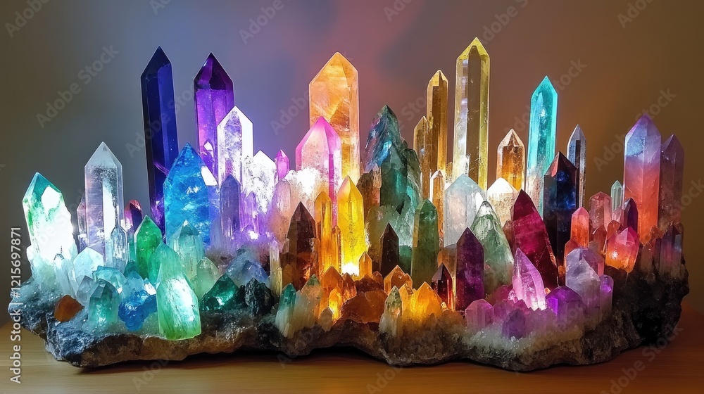 Poster colorful cluster of illuminated crystals and gemstones in various shapes and sizes with bright refle