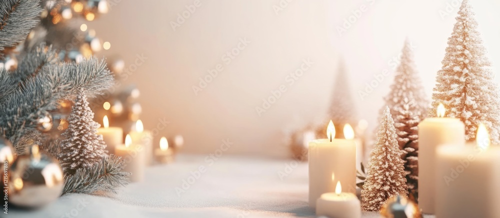 Poster christmas themed setting with decorative candles and miniature snow-covered trees in soft lighting a