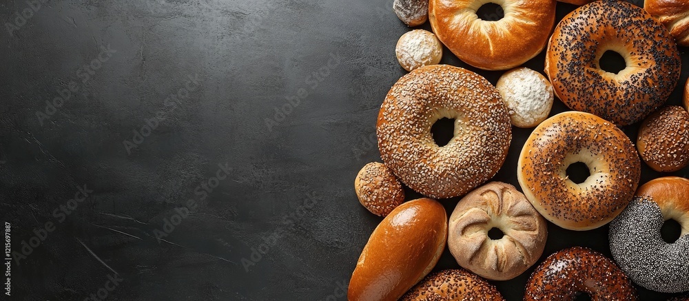 Poster assorted bagels and breads on a dark slate background with ample copy space on the right side