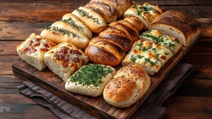Freshly baked assorted bread variety on a wooden board with herbs and toppings Copy Space
