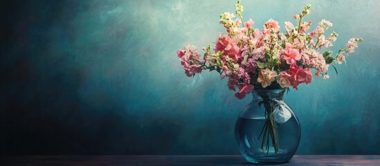 Colorful bouquet of flowers in a glass vase on a wooden surface with a soft blue and green background Copy Space