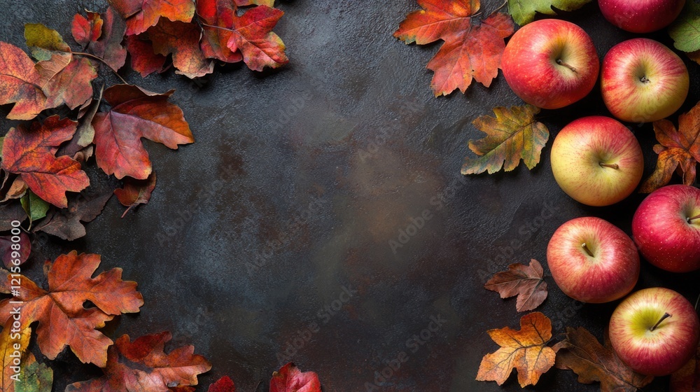 Poster autumn composition with red and green apples surrounded by colorful fall leaves on dark textured bac