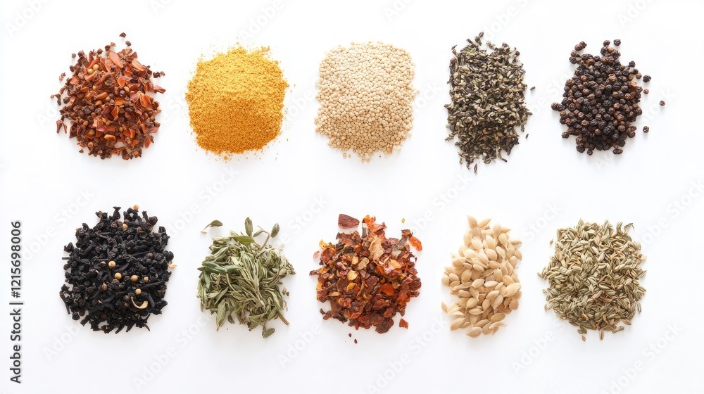 Poster Assorted spices and herbs arranged in rows on a white background with Copy Space for text placement.