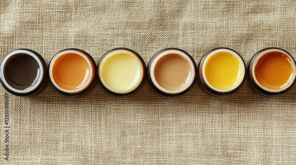 Poster colorful wax or paint containers arranged in a row on a textured burlap background with copy space f