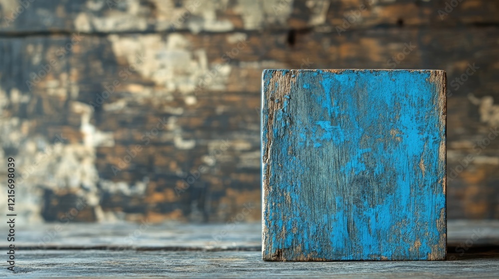 Poster textured blue wooden block placed on rustic wooden background with copy space for text or design ele