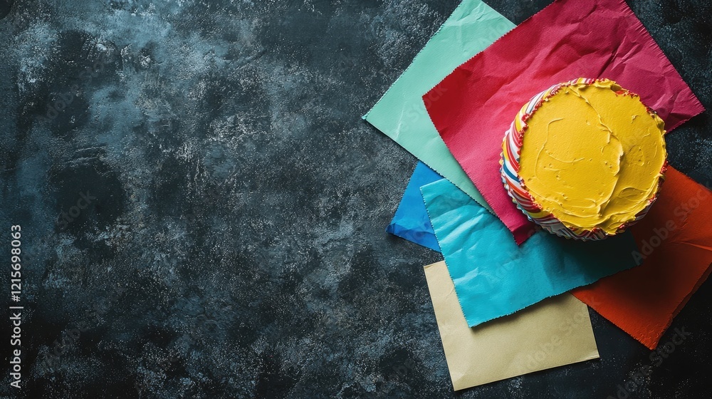 Poster colorful cake on textured dark background with vibrant paper sheets and ample copy space for text.