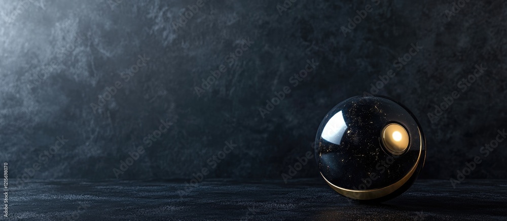 Poster black marble sphere with golden highlight on dark textured background with copy space for product pl