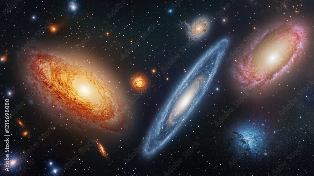 Poster colorful galactic cluster with multiple galaxies and stars in deep space on a dark background copy s