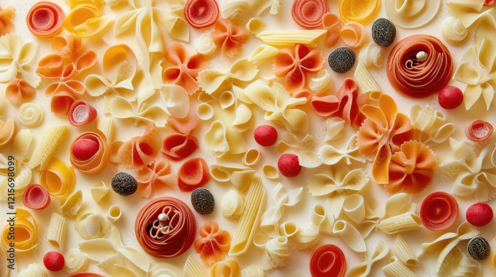 Poster assorted colorful pasta shapes arranged aesthetically on a white background with copy space for text