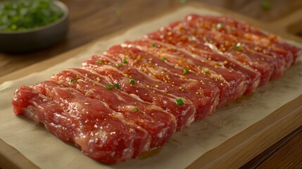 Obraz premium Marinated beef short ribs, kitchen prep, wood board, Asian cuisine, recipe ingredient