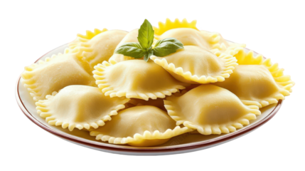 a plate of ravioli. a type of pasta. arranged neatly with a sprig of basil on top. highlighting its appealing texture and shape this dish is often served with various sauces and is a popular choice in