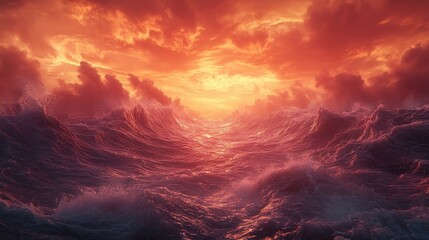 Fototapeta premium Dramatic sunset over turbulent ocean waves, with vibrant colors and dynamic cloud formations