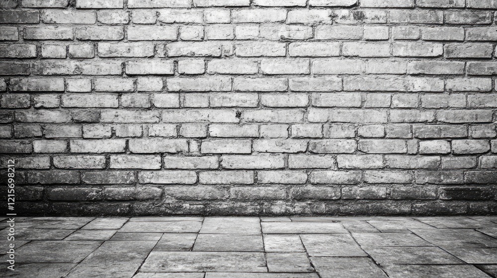 Poster gray brick wall with worn texture and stone floor, ideal for background use with ample copy space.