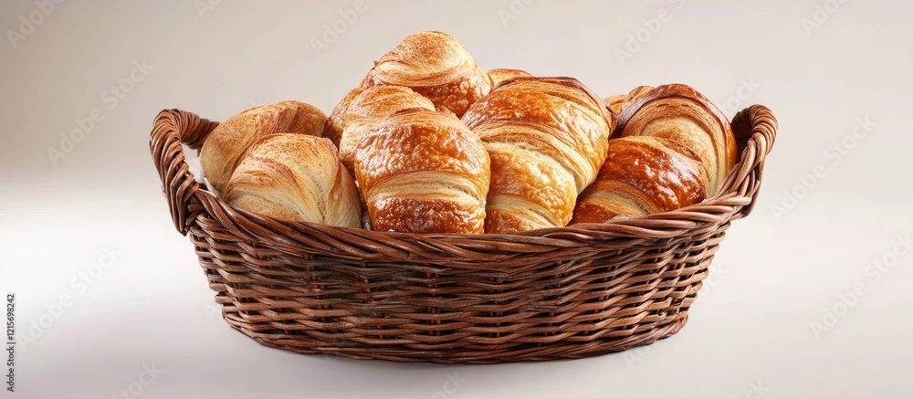 Poster freshly baked croissants in a wicker basket on a neutral background with copy space for text placeme