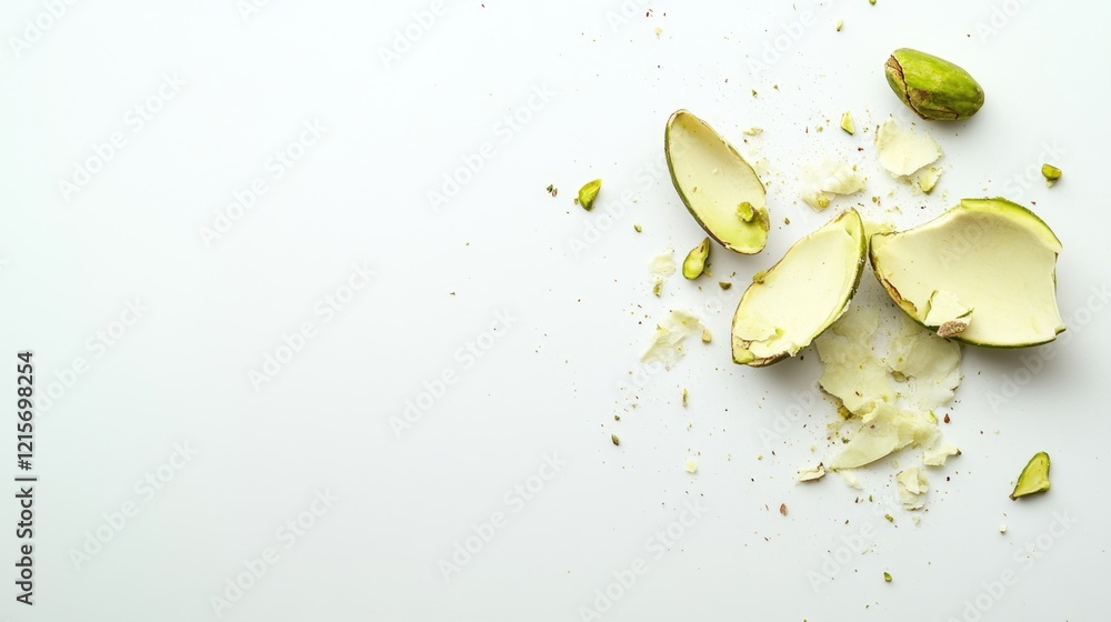 Poster pistachio shells and nuts on a light background with copy space for text placement