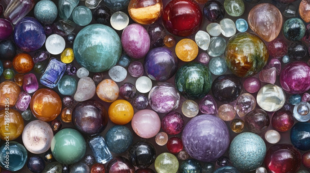 Poster colorful collection of translucent and opaque gemstones and beads arranged in a flat layout with cop
