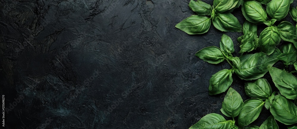 Poster fresh basil leaves on dark textured background with copy space for text placement.