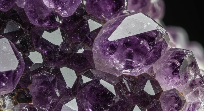 amethyst crystals, raw gemstone, purple quartz, mineral formation, jagged edges, translucent, light reflections, geological specimen, macro photography, high detail, natural texture, gemology, vibrant