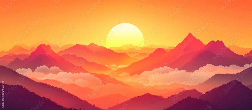 Poster sunset over mountain range with gradient sky and clouds in warm tones copy space