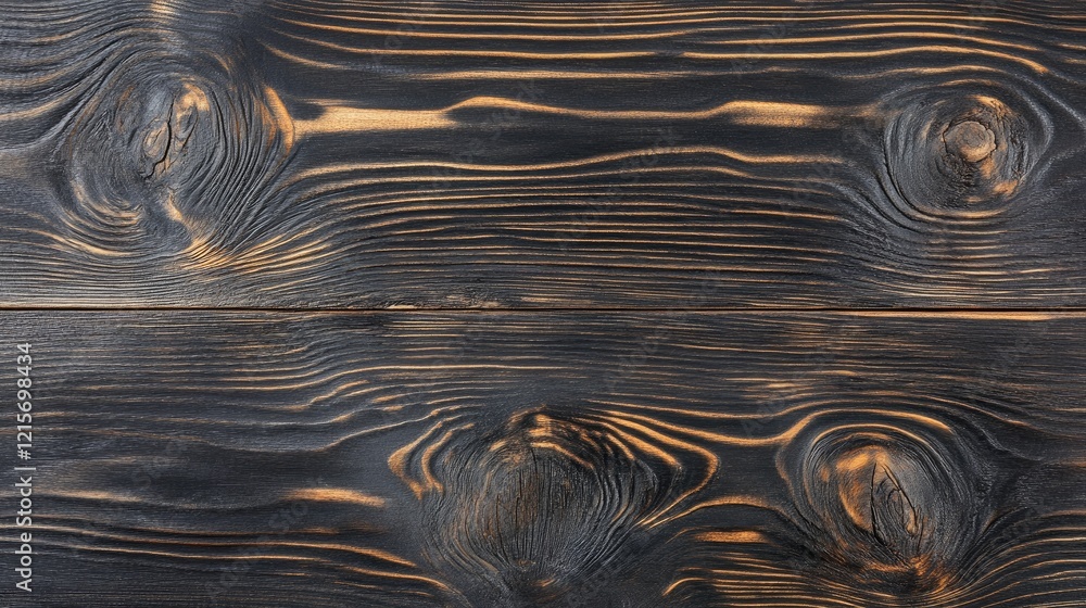Poster black charred wood texture background with visible grain and knots, featuring natural patterns and c