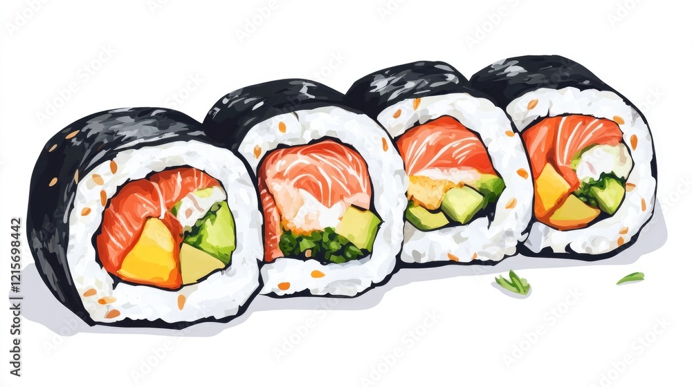 Poster sushi rolls with salmon and vegetables on white background with copy space for text