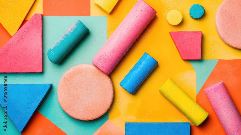 Poster colorful geometric shapes and patterns in vibrant pastel hues on a bright background with ample copy