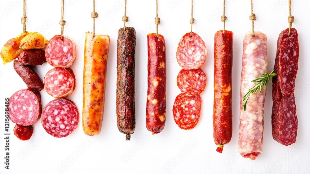 Aufkleber assorted dried meat sausages hanging on hooks isolated on white background with copy space