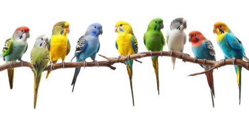a vibrant collection of colorful budgerigars perched on a branch. showcasing their diverse plumage in a harmonious arrangement against a white background  beauty and variety of these popular pet birds