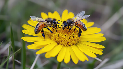 Two Honeybees on a Yellow Flower: A Close-Up View of Nature's Beauty