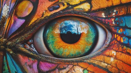 Close-up of an eye with butterfly wing patterns and vibrant colors reflecting a landscape in the pupil Copy Space
