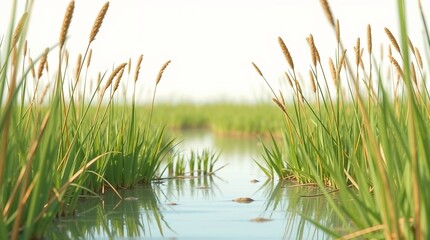 Obraz premium Lush Green Meadow with Water Reflection Under Blue Sky in Summer