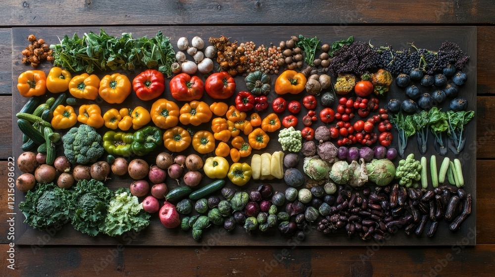 Aufkleber assorted fresh vegetables and fruits arranged neatly on a wooden surface with copy space for text pl